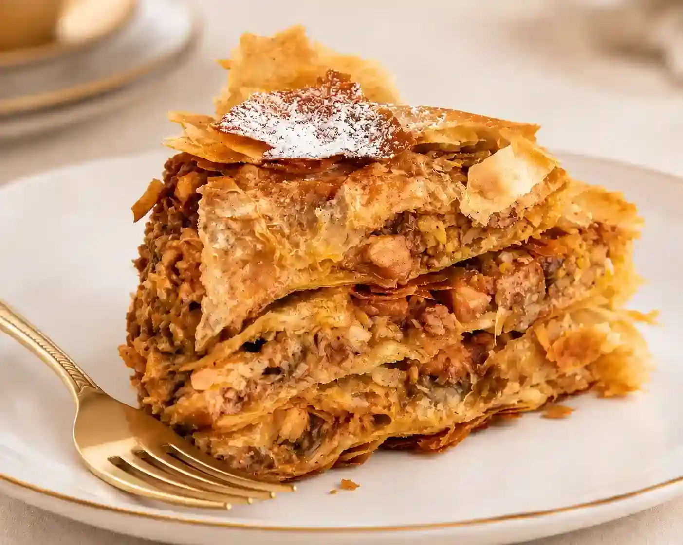 Traditional Moroccan chicken pastilla in London with flaky pastry, chicken, almonds and cinnamon
