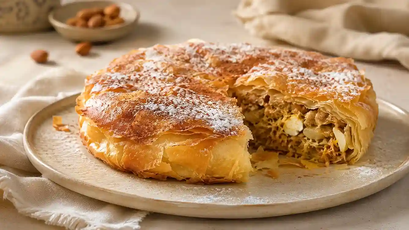 Moroccan chicken pastilla in London with crisp golden pastry and moist chicken filling