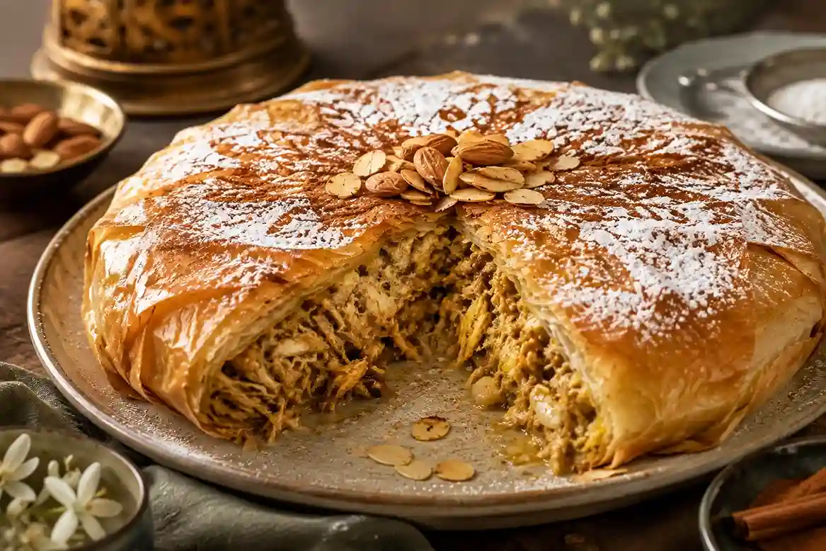 Moroccan chicken pastilla with crisp golden pastry, moist spiced chicken filling, almonds and cinnamon